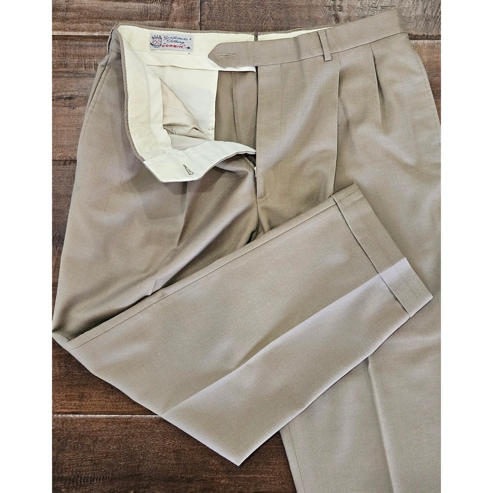 Vintage Corbin Mens 36× 30 Pleated Pants Khaki Tan Cuffed Made in USA Trousers